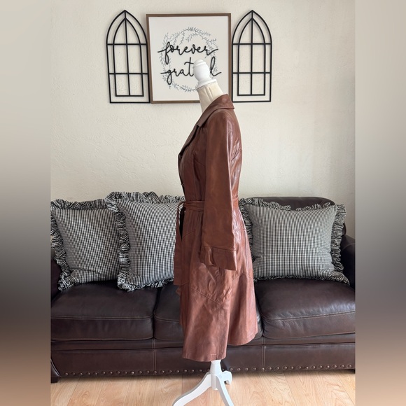 Vintage Rare 24K By Dan Di Modes Brown Leather Belted Trench Coat Fall - Picture 16 of 16